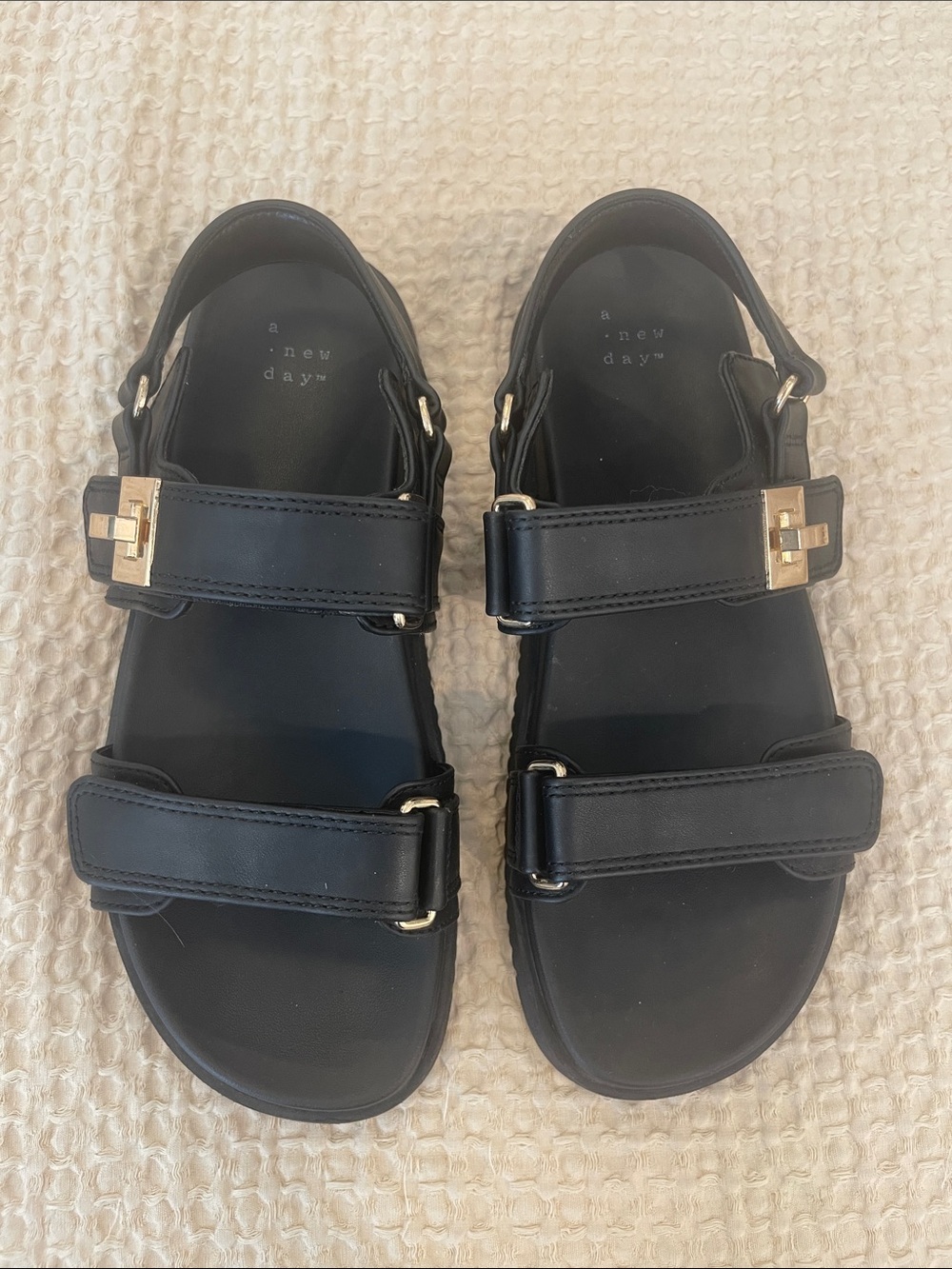 A New Day Black Chunky Sandal with Gold Hardware and Adjustable Straps Size 7.5